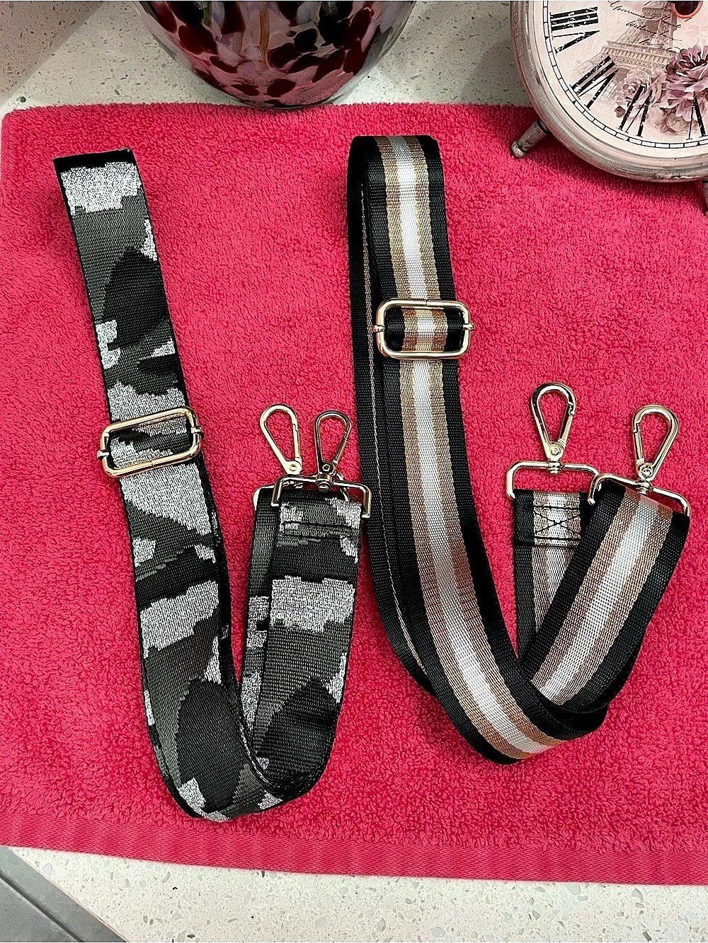Lot of 2 - Interchangeable Bag Straps Black & Gold Like New